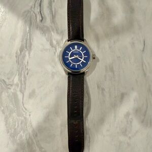 Fossil Watch - Silver Case Blue Dial Watch with Brown Leather Strap